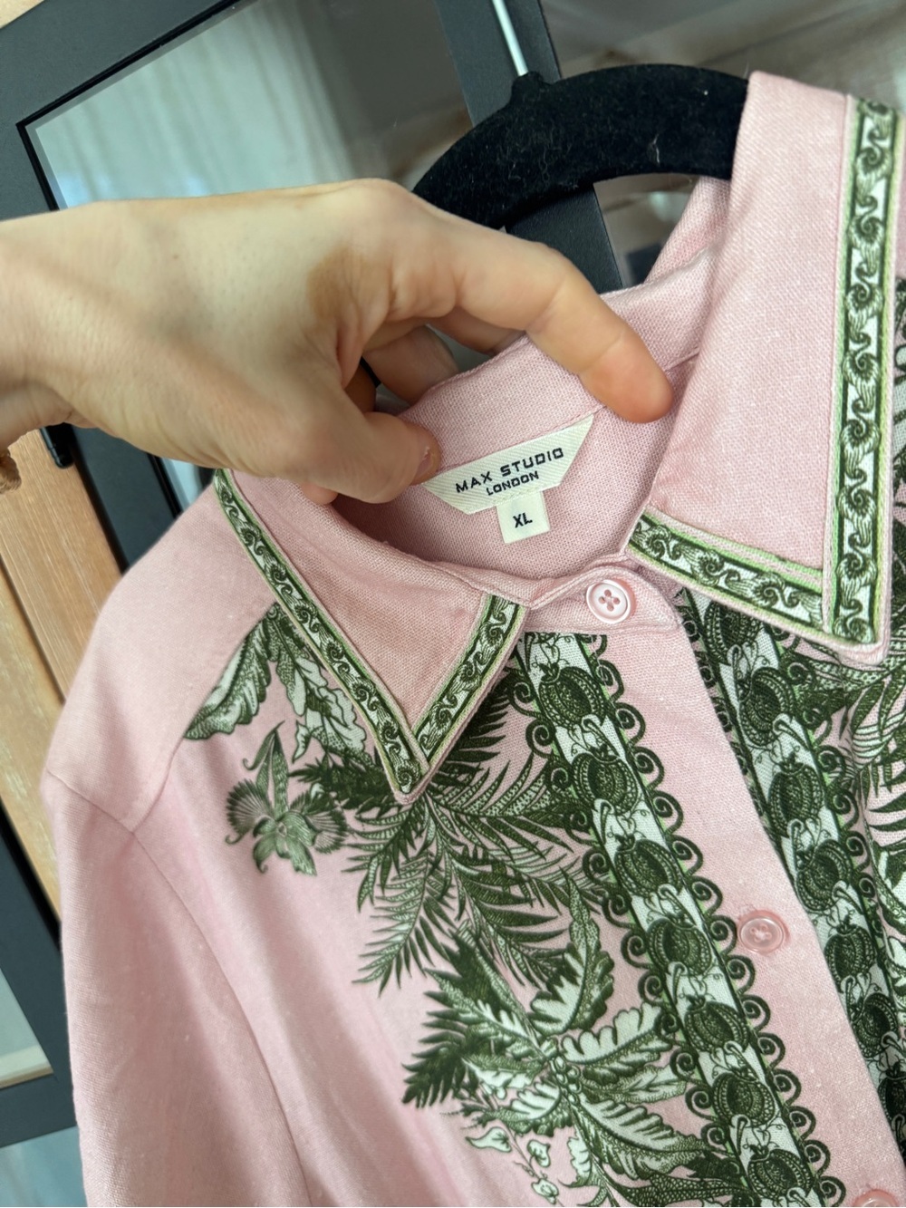 Linen maxi dress button down shirt collar tropical palm print pockets blush - Picture 8 of 15